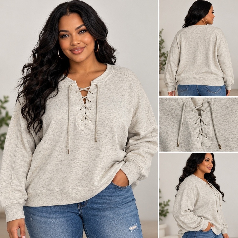 Old Navy Womens XL Lace Up Sweatshirt Heather Oatmeal Pullover 673766-01-1